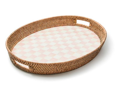Rosy Check Enamel &amp; Rattan Party Tray