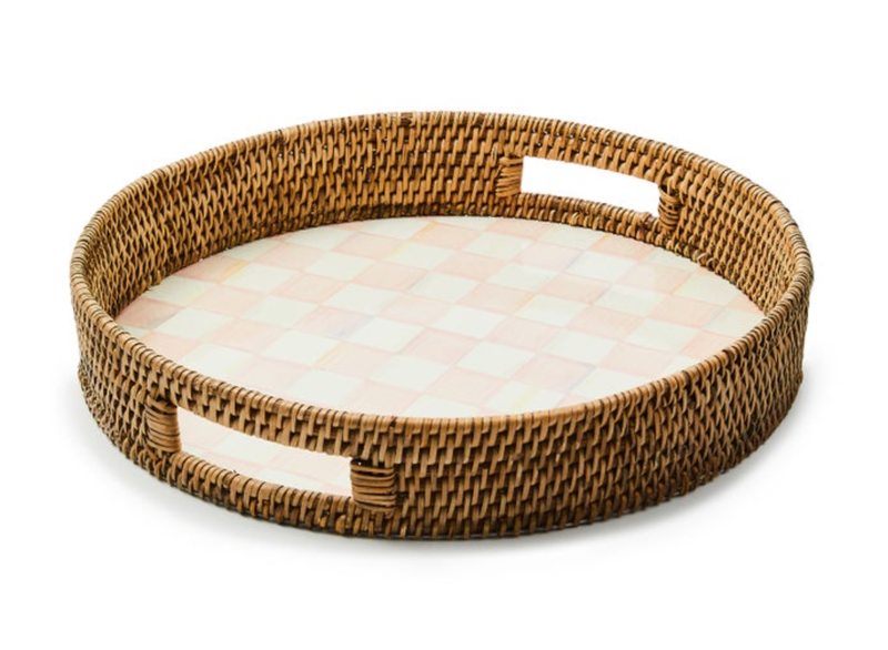 Rosy Check Enamel &amp; Rattan Round Serving Tray