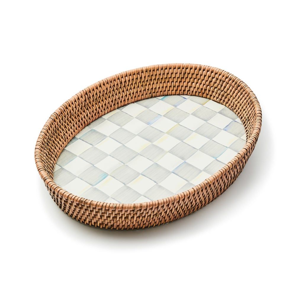 Sterling Check Large Enamel &amp; Rattan Serving Tray