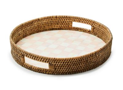 Rosy Check Enamel &amp; Rattan Round Serving Tray