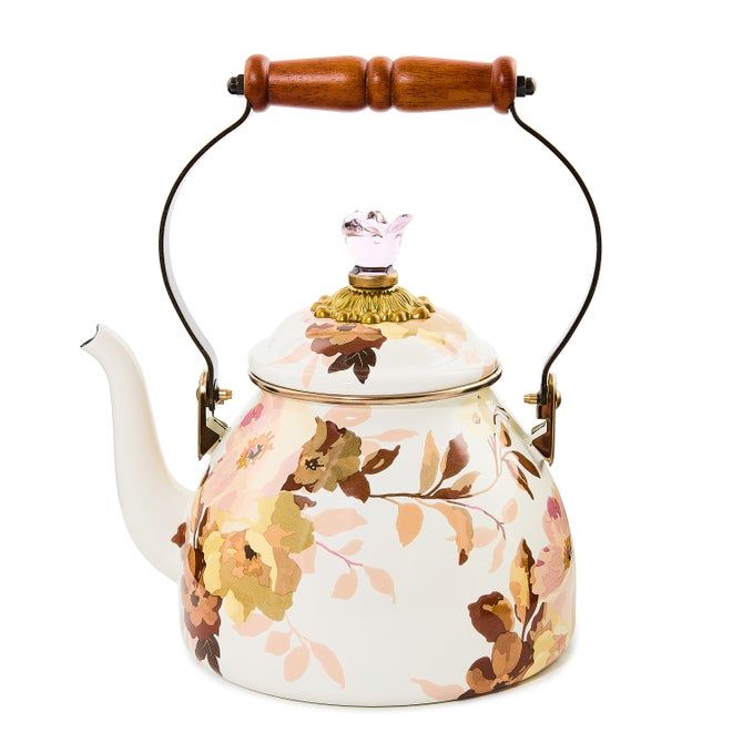 Wild Rose White 2qt Tea Kettle