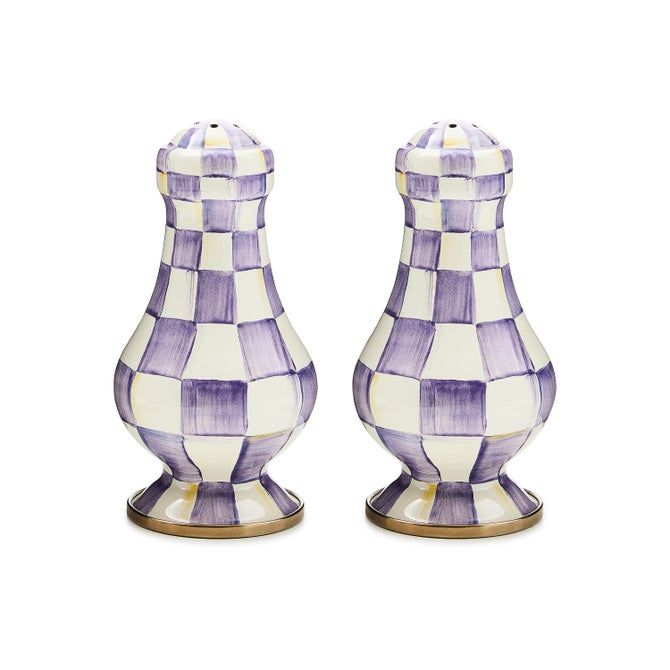 Violet Check Large Salt &amp; Pepper Shakers