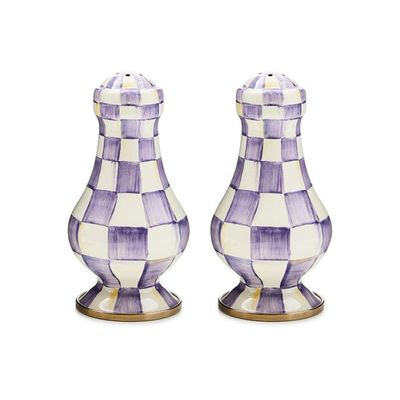 Violet Check Large Salt &amp; Pepper Shakers