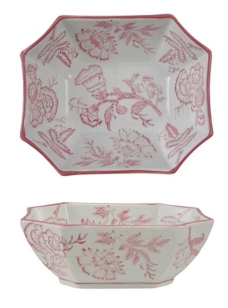 Stoneware Bowl w/ Pattern, Pink &amp; White