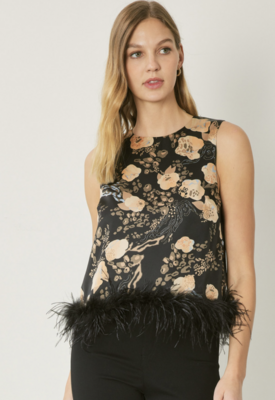 Sleeveless Floral w/ Feather Trim