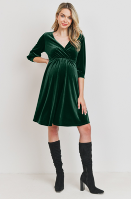 Forest Green Velvet V-Neck Maternity Dress