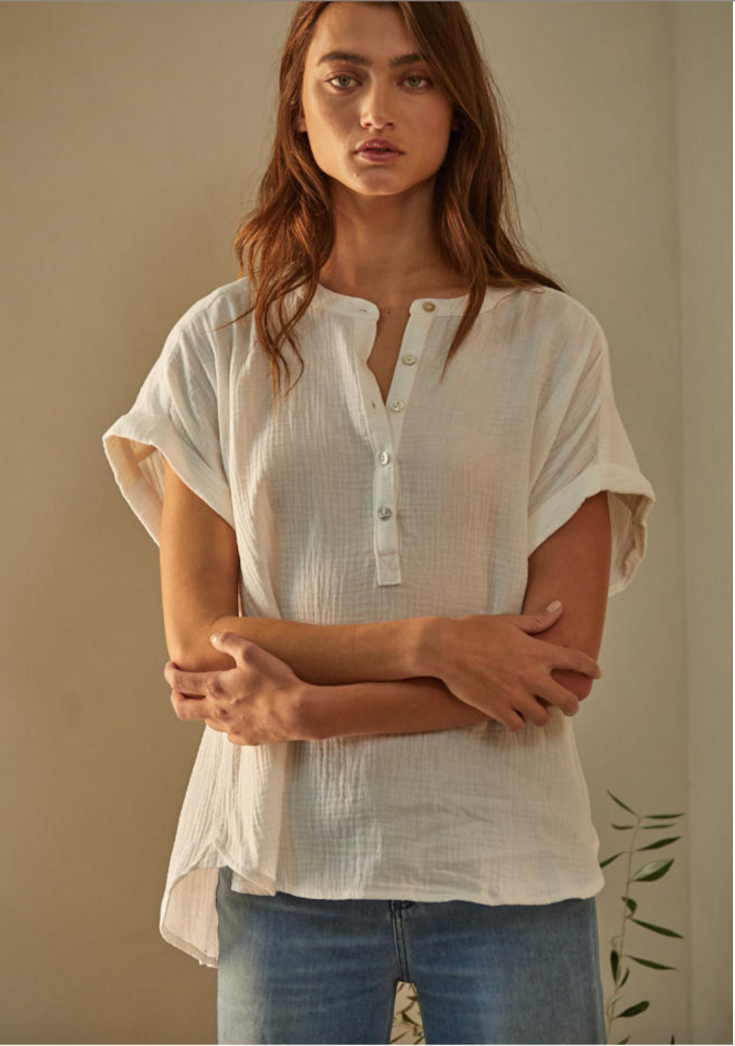 White Cotton Gauze Button Down