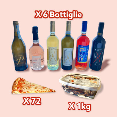 72 Spicchi di Pizza di seconda scelta + Selezione 6 Bottiglie di Vino Casa Angelo Treviso 750ml Uve Vendemmiate a Mano + 1 kg di Gelato + 4 Bicchieri in Regalo