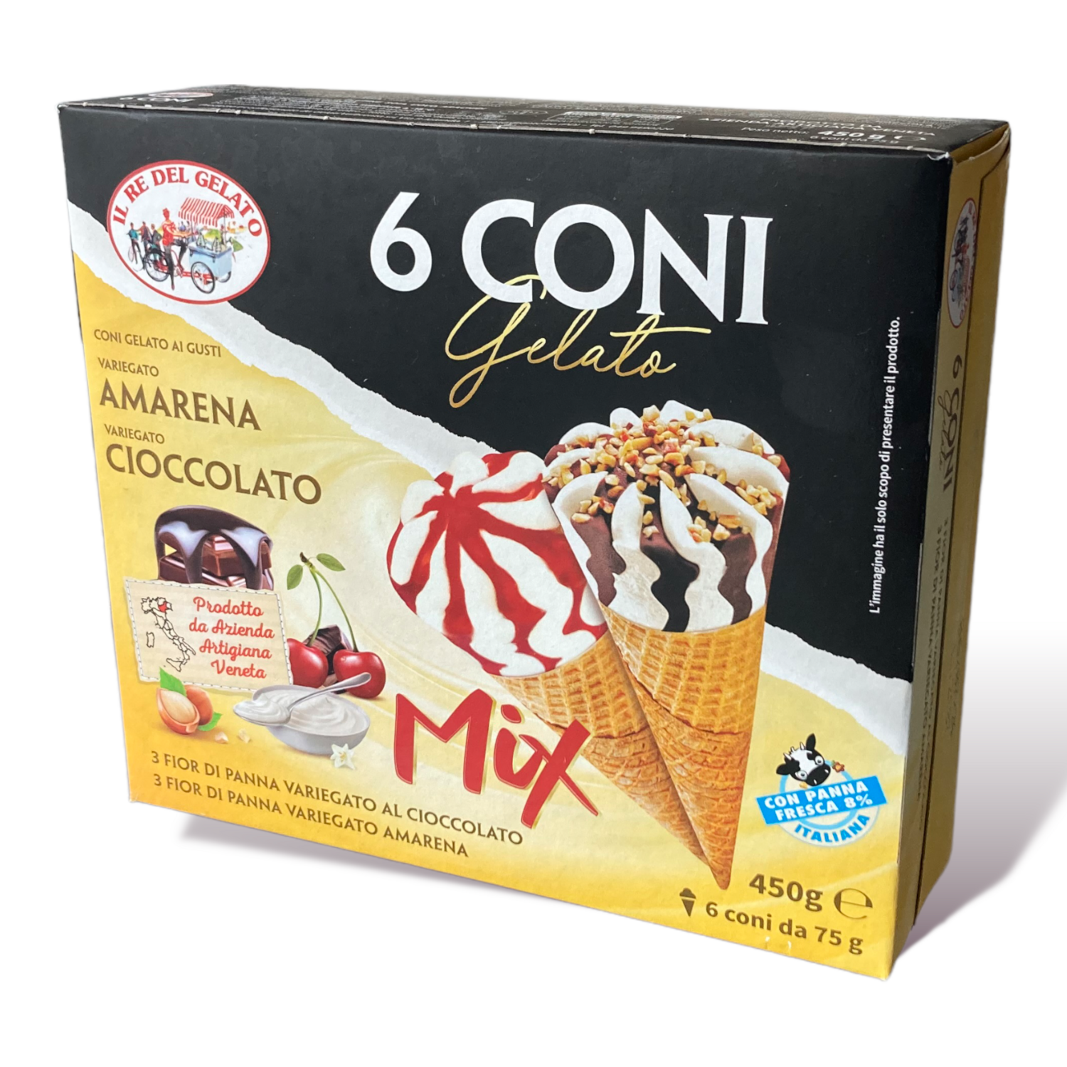 6 Coni Gelato Mix 3 Amarena 3 Cioccolato con Panna Fresca conf. Da 450gr. 6x75gr.