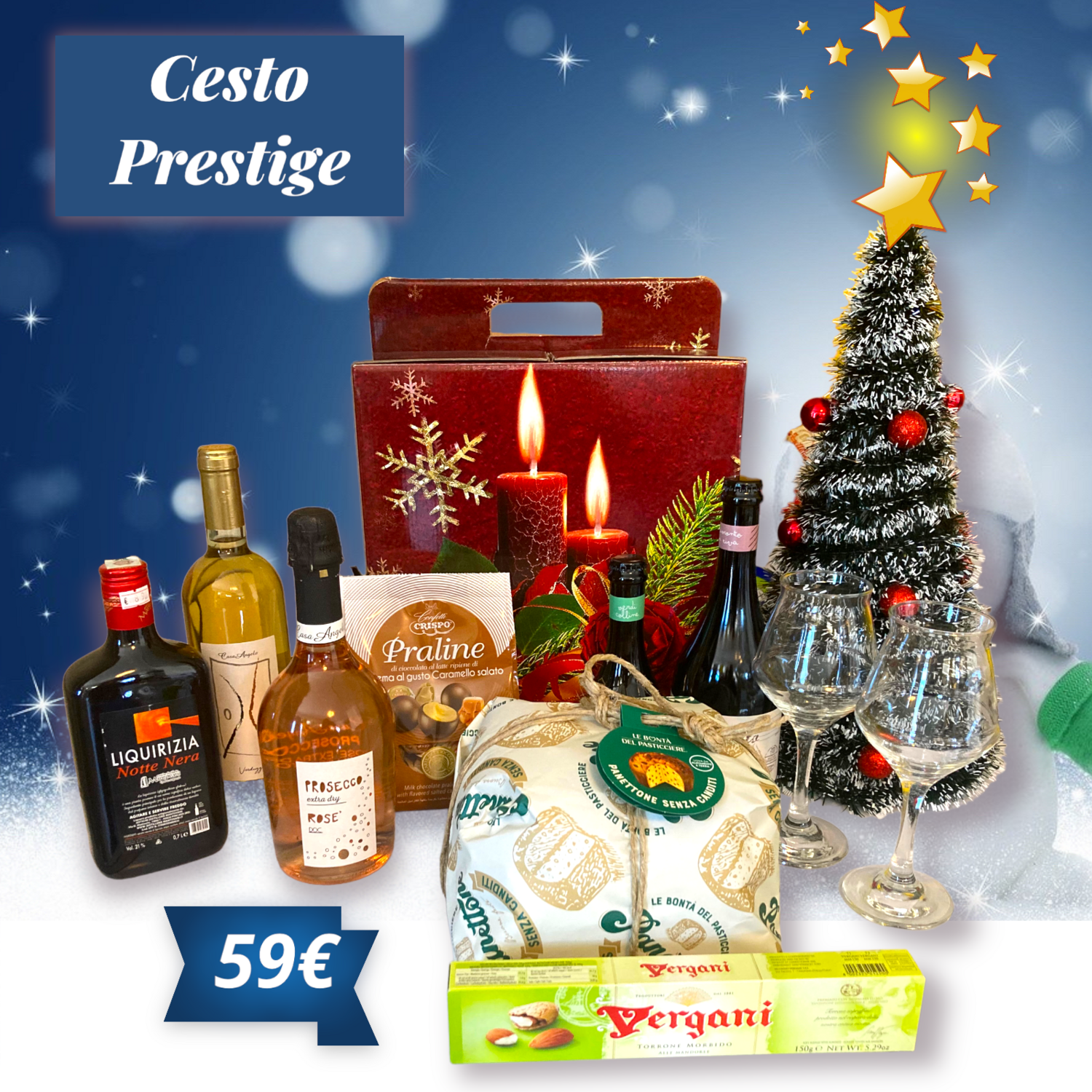 Cesto Natalizio Box Prestige decorato tema Natale 10 Referenze (Scegli il  Panettone) spedizione compresa