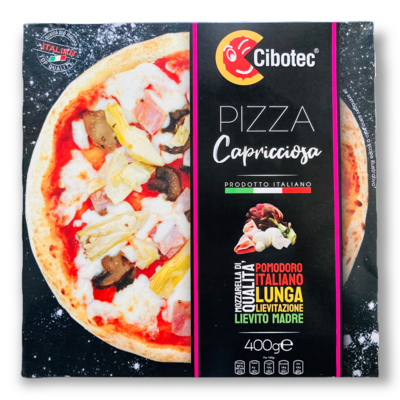 Pizza Capricciosa con Prosciutto Funghi E Carciofini 400 gr. Cibotec
