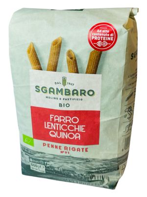 Penne Rigate N91 Ad Alto contenuto di Proteine Farro Lenticchie Quinoa Bio Pronte in 8 minuti 500 g Sgambero.