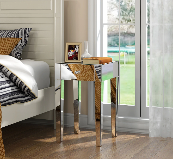 Mirrored Glass Bedside Table with Drawers and Glass Handles Mirror