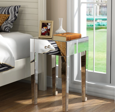 Mirrored Glass Bedside Table with Drawers and Glass Handles Mirror