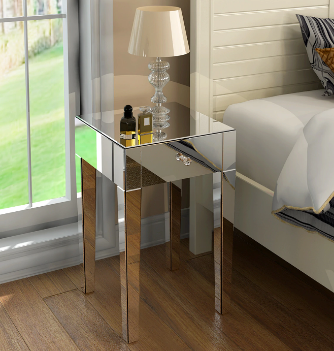 Mirrored Glass Bedside Table with Drawers and Glass Handles Mirror