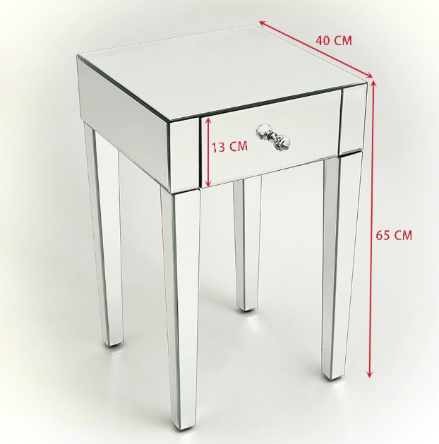 Mirrored Glass Bedside Table with Drawers and Glass Handles Mirror