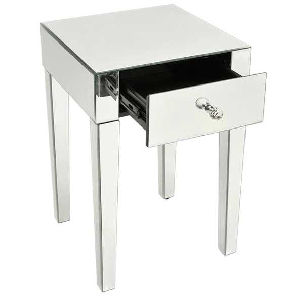 Mirrored Glass Bedside Table with Drawers and Glass Handles Mirror