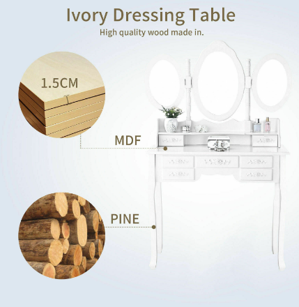 Princes White Dressing Table 3 Oval Mirror 7 Draw