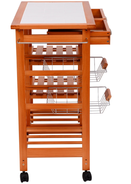 Wooden Kitchen Trolley Rolling Cart with 3 Shelves and Drawers, Honey Colour
