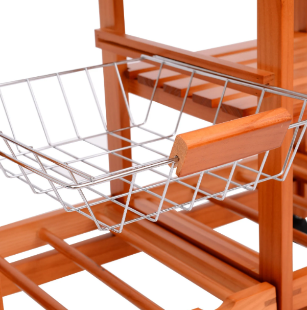 Wooden Kitchen Trolley Rolling Cart with 3 Shelves and Drawers, Honey Colour