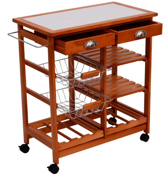 Wooden Kitchen Trolley Rolling Cart Drawers, 3 Shelves, Honey Colour