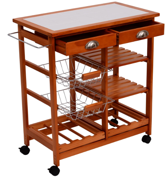 Wooden Kitchen Trolley Rolling Cart with 3 Shelves and Drawers, Honey Colour