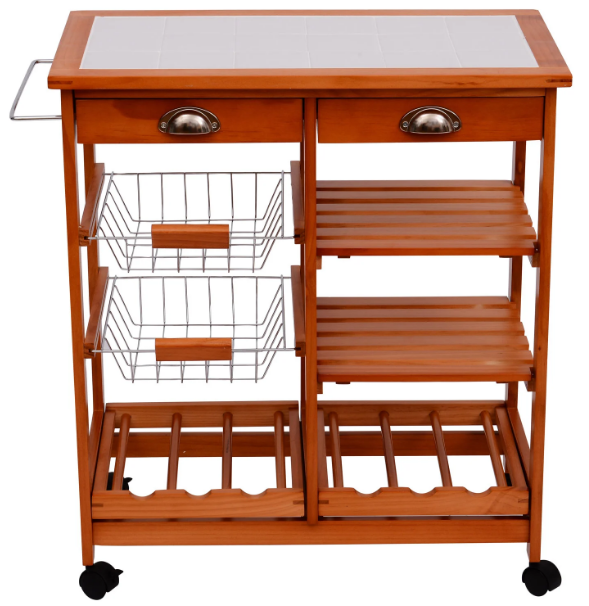 Wooden Kitchen Trolley Rolling Cart with 3 Shelves and Drawers, Honey Colour