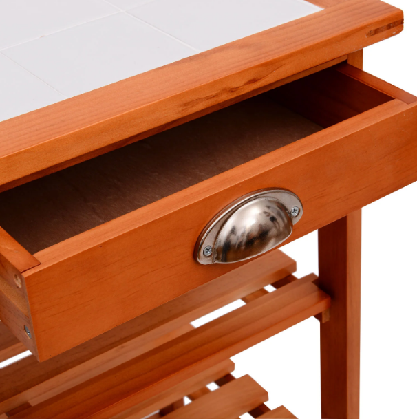 Wooden Kitchen Trolley Rolling Cart with 3 Shelves and Drawers, Honey Colour