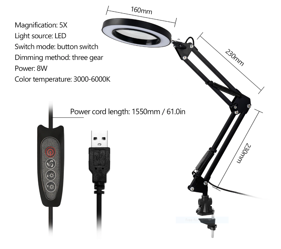Foldable Desktop Lamp with Magnifier and LED Light, Adjustable Reading and Crafting Desk Light