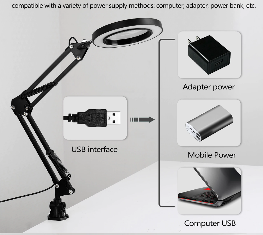 Foldable Desktop Lamp with Magnifier and LED Light, Adjustable Reading and Crafting Desk Light