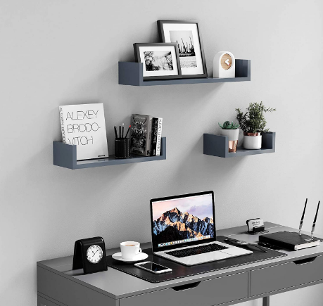 Set of 3 Floating Wall Shelves, Grey