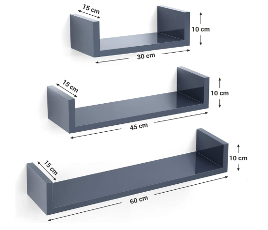 Set of 3 Floating Wall Shelves, Grey