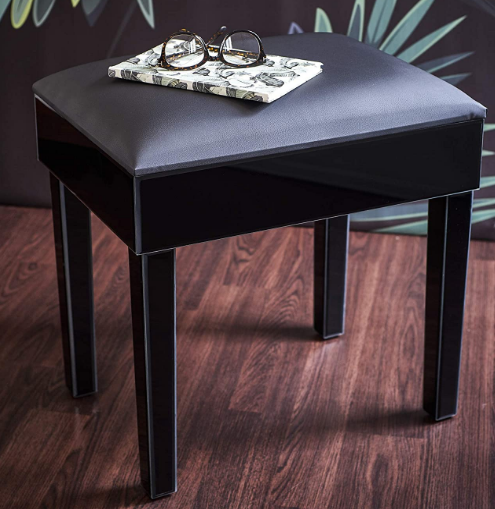 Glass Mirrored Deep Cushioned Stool, Luxury Upholstered Storage Seat for Living Room or Bedroom