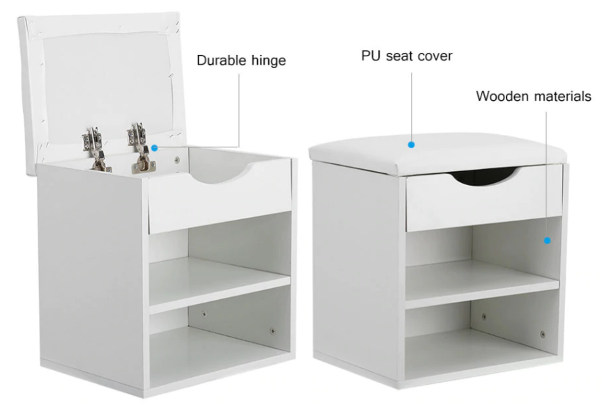 White Wooden Shoe Storage With Padded Seat
