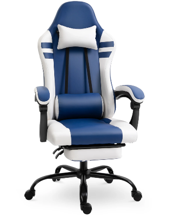 Reclining Gaming Chair With Retractable Footrest, Color: Blue