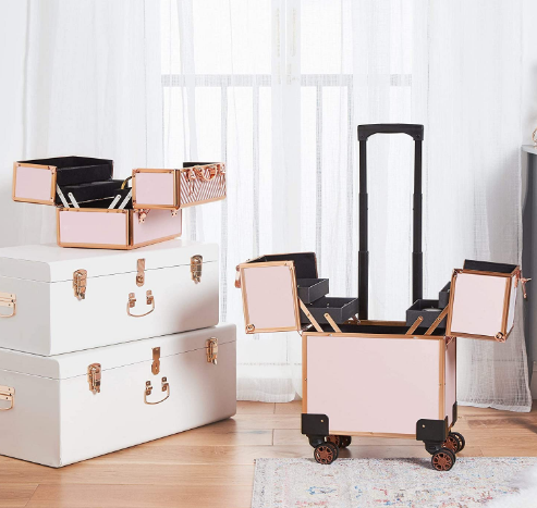 Professional Makeup Travel Trolley With Wheels, Open Space &amp; Fold Out Shelving