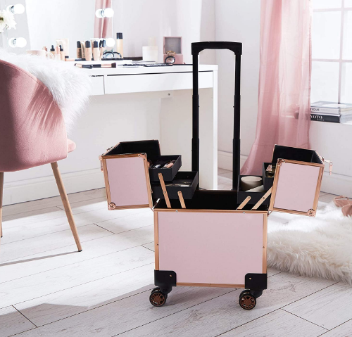 Professional Makeup Travel Trolley With Wheels, Open Space &amp; Fold Out Shelving