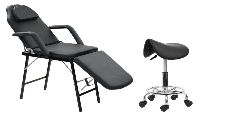 Portable Synthetic Leather Black Massage Bed With Salon Stool