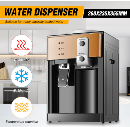 Electric 3-Mode Desktop Water Dispenser, designed for home or office use. Features hot, cold, and room temperature settings for convenience and ease. Compact and efficient.