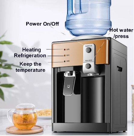 Electric 3-Mode Desktop Water Dispenser, designed for home or office use. Features hot, cold, and room temperature settings for convenience and ease. Compact and efficient.