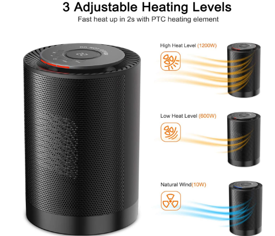 Mobile Fan Heater 1200 W / 600 W, 2 Modes 3 Levels Warm &amp; Natural with LED Display &amp; Thermostat
