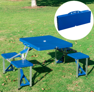 Portable 4 Seater Aluminum Table with Foldable Seats, Blue