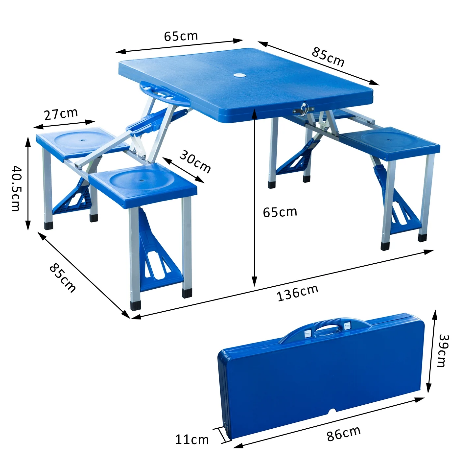 Portable 4 Seater Aluminum Table with Foldable Seats, Blue