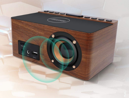 Wooden Bluetooth Speaker Radio Alarm Clock Digital, Wireless Charging Station for iPhone/Samsung, 0-100% Dimmable Display, USB Charging Port, Sleep Timer, Digital Wooden Clock for Bedroom