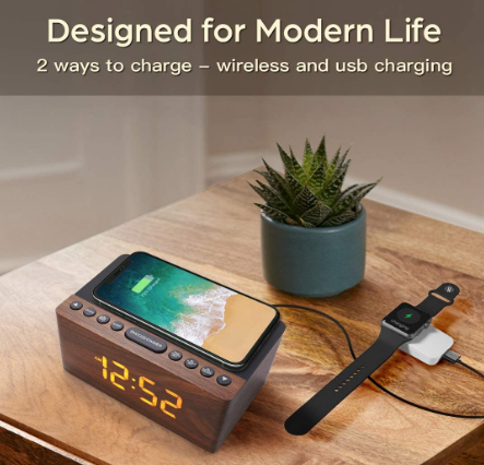 Wooden Bluetooth Speaker Radio Alarm Clock Digital, Wireless Charging Station for iPhone/Samsung, 0-100% Dimmable Display, USB Charging Port, Sleep Timer, Digital Wooden Clock for Bedroom