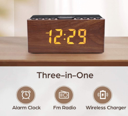 Wooden Bluetooth Speaker Radio Alarm Clock Digital, Wireless Charging Station for iPhone/Samsung, 0-100% Dimmable Display, USB Charging Port, Sleep Timer, Digital Wooden Clock for Bedroom