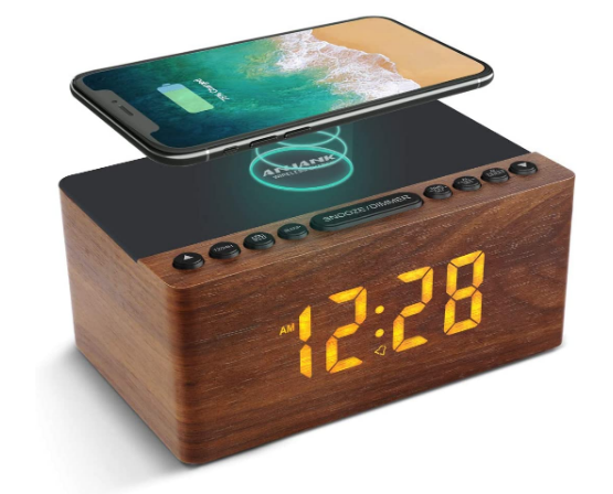 Wooden FM Radio Alarm Clock 5 Level Digital Dimmable Led Display