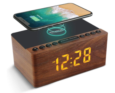 Wooden Bluetooth Speaker Radio Alarm Clock Digital, Wireless Charging Station for iPhone/Samsung, 0-100% Dimmable Display, USB Charging Port, Sleep Timer, Digital Wooden Clock for Bedroom