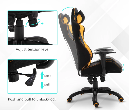 Ergonomic Polyester Gaming Chair – Stylish Design with Adjustable Pillow for Comfort and Support during Long Gaming Sessions