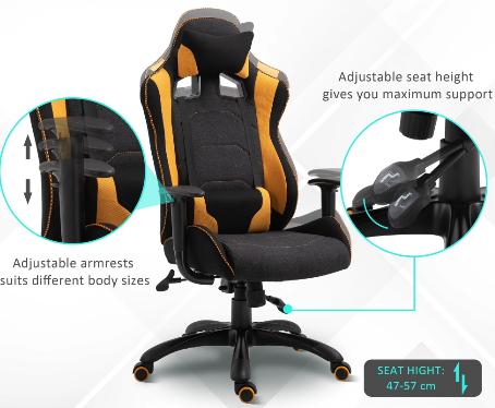 Ergonomic Polyester Gaming Chair – Stylish Design with Adjustable Pillow for Comfort and Support during Long Gaming Sessions